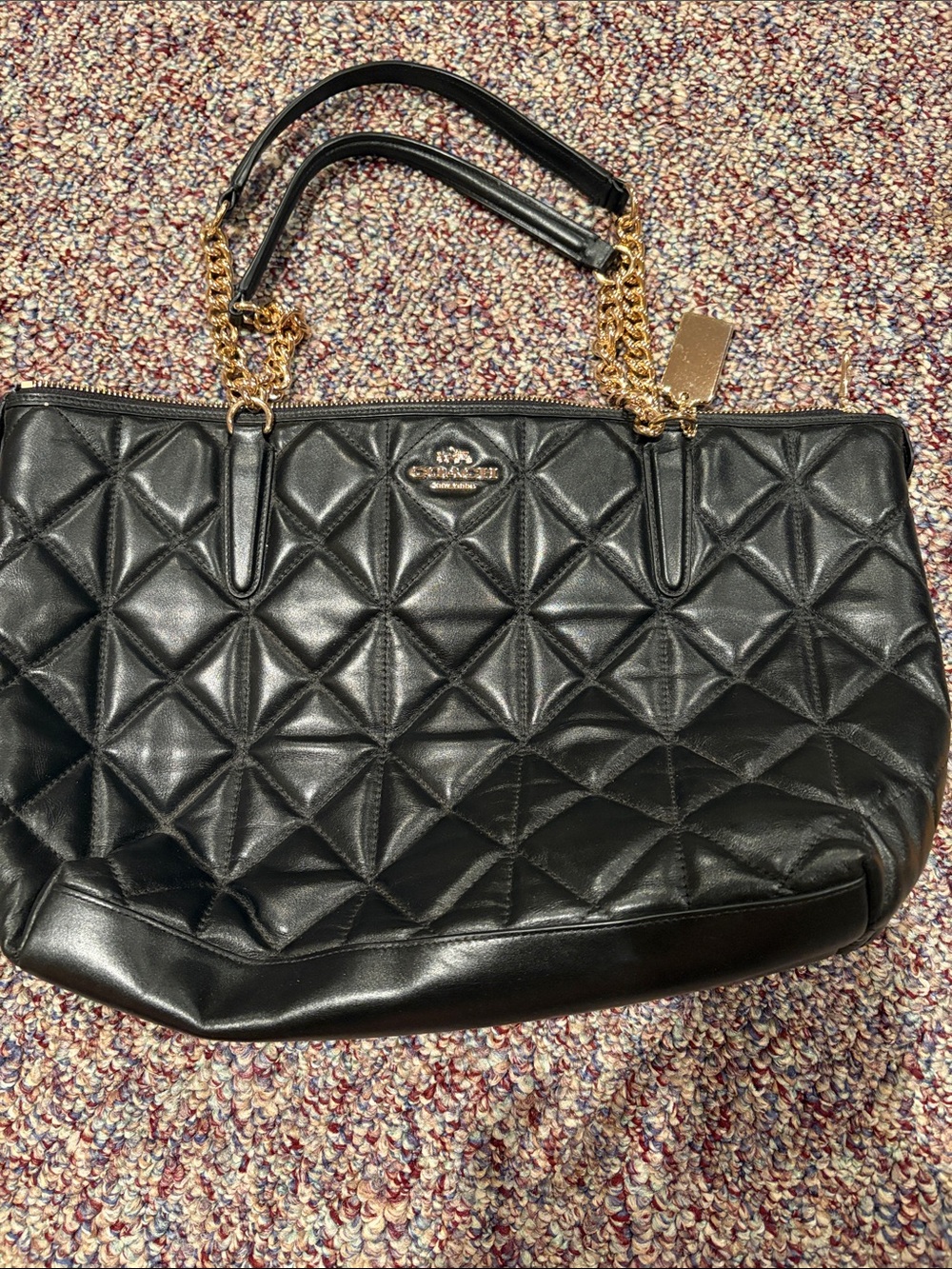 Coach Black Quilted Leather Tote with Gold Chain Handles